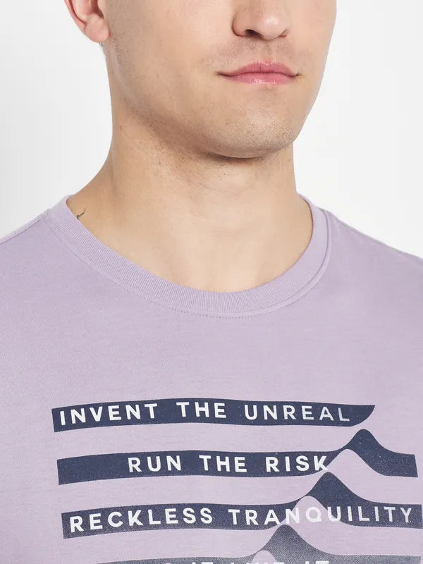 Octave Men Purple Typography Printed V-Neck Raw Edge T-Shirt