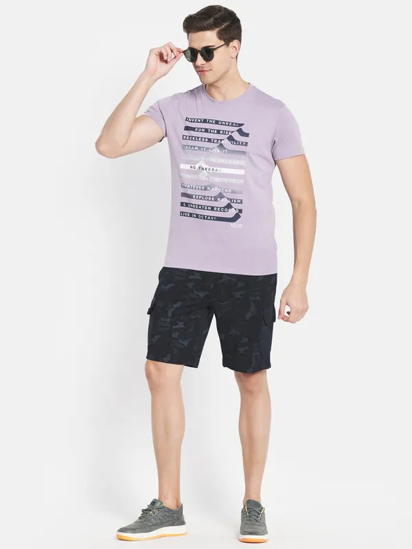 Octave Men Purple Typography Printed V-Neck Raw Edge T-Shirt