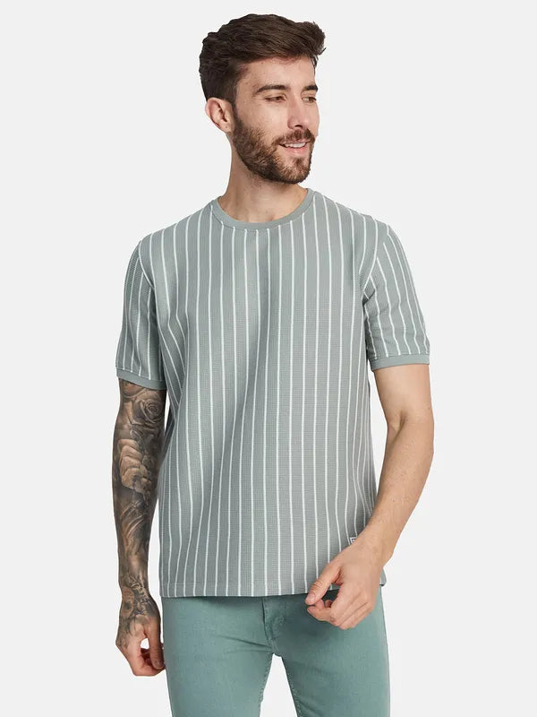 Octave Round Neck Short Sleeves Striped Regular Fit Cotton T-Shirt