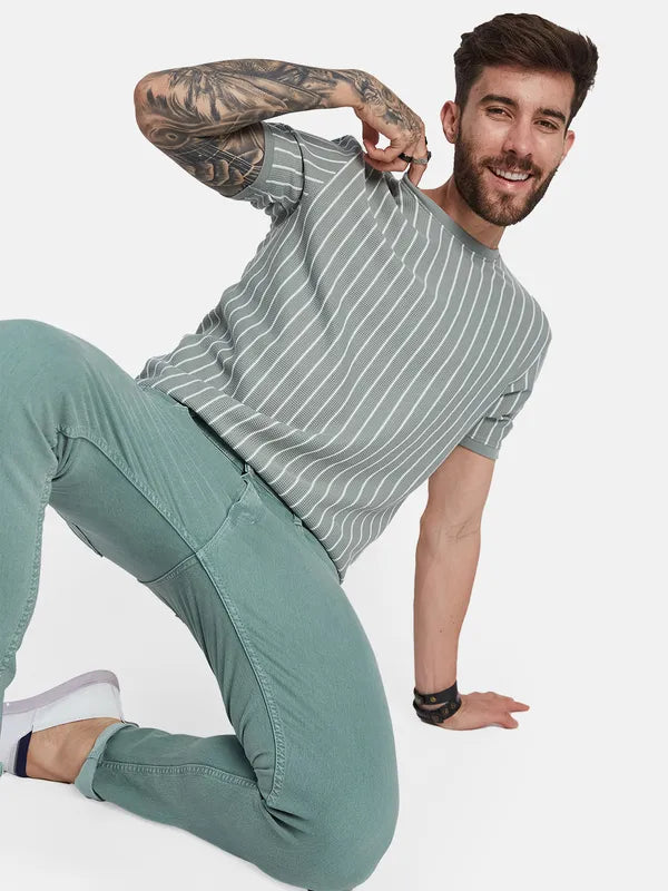 Octave Round Neck Short Sleeves Striped Regular Fit Cotton T-Shirt