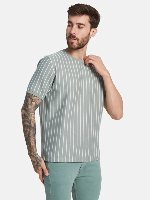 Octave Round Neck Short Sleeves Striped Regular Fit Cotton T-Shirt