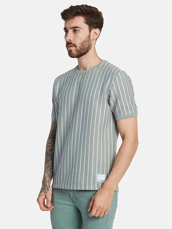 Octave Round Neck Short Sleeves Striped Regular Fit Cotton T-Shirt