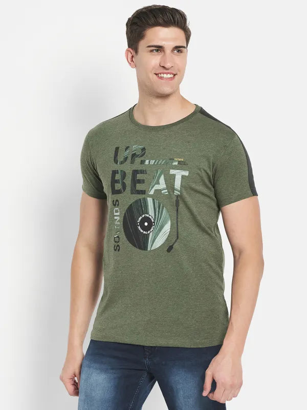 Octave Men Olive Green Typography Printed Applique T-Shirt