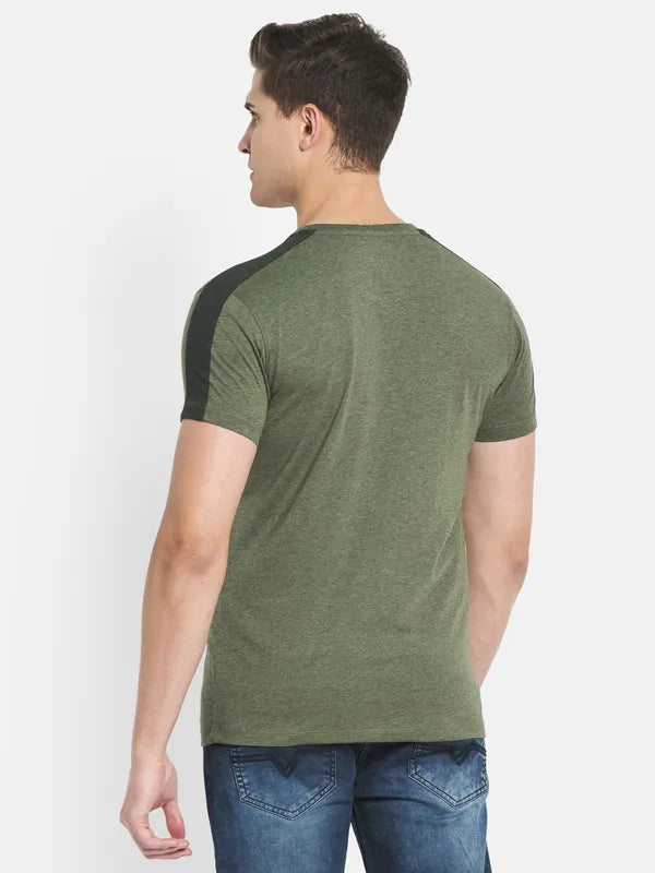 Octave Men Olive Green Typography Printed Applique T-Shirt