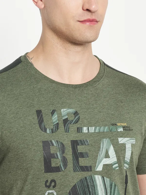 Octave Men Olive Green Typography Printed Applique T-Shirt