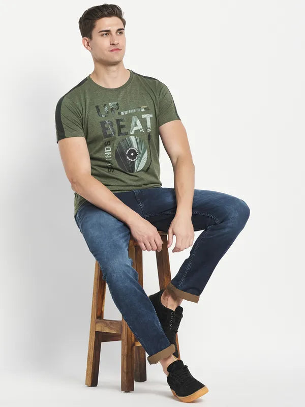Octave Men Olive Green Typography Printed Applique T-Shirt