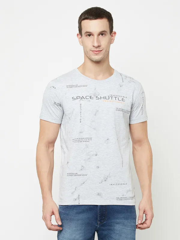 Octave Men Grey Printed Raw Edge T-Shirt