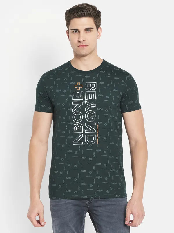 Octave Men Green Typography Printed Raw Edge T-Shirt