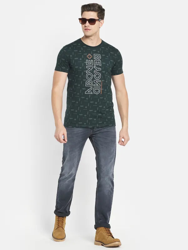 Octave Men Green Typography Printed Raw Edge T-Shirt