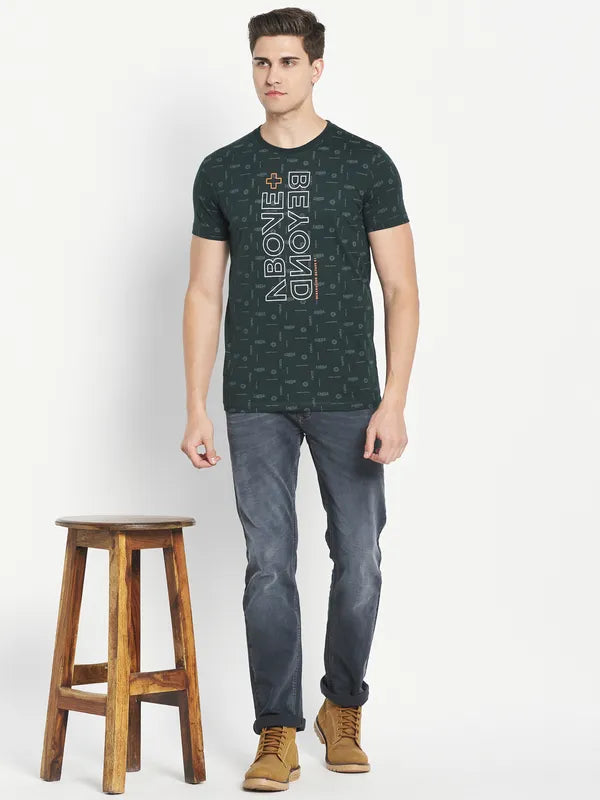 Octave Men Green Typography Printed Raw Edge T-Shirt