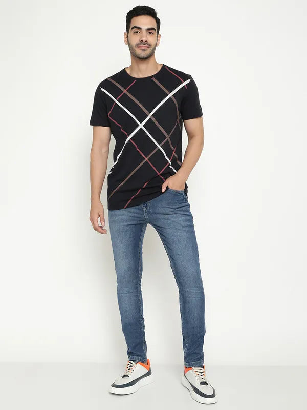 Octave Round Neck Checked Cotton T-Shirt