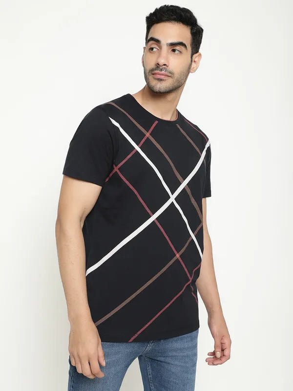 Octave Round Neck Checked Cotton T-Shirt