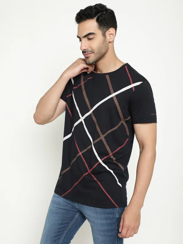 Octave Round Neck Checked Cotton T-Shirt