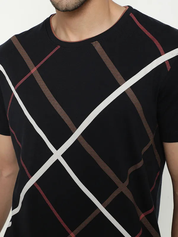 Octave Round Neck Checked Cotton T-Shirt