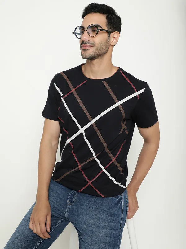 Octave Round Neck Checked Cotton T-Shirt