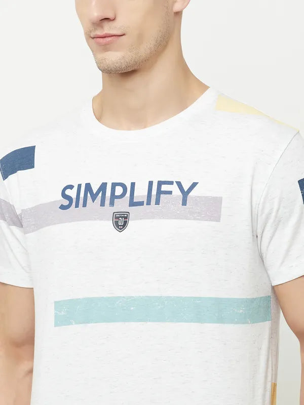 Octave Men White Typography Striped Applique T-Shirt