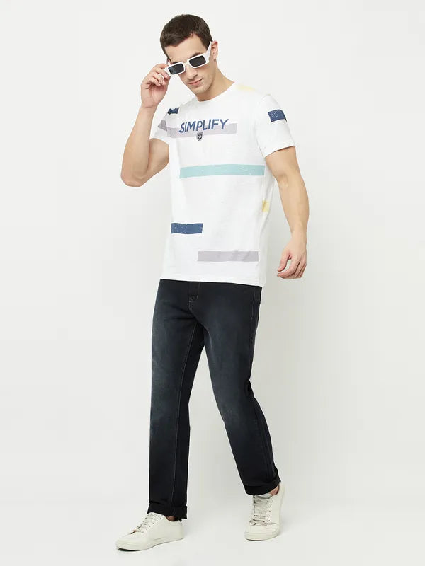 Octave Men White Typography Striped Applique T-Shirt