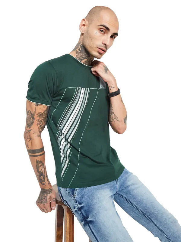 Octave Men Green Striped V-Neck Pockets T-Shirt
