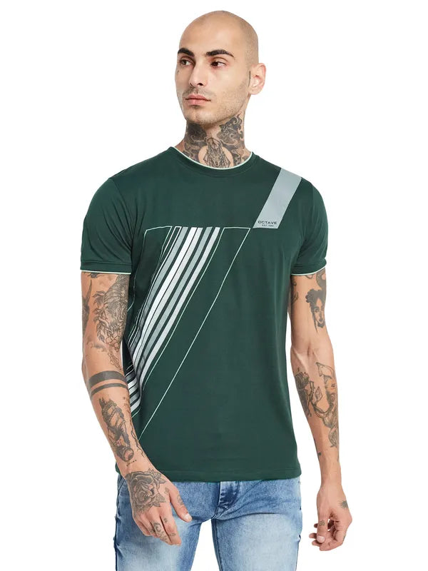 Octave Men Green Striped V-Neck Pockets T-Shirt