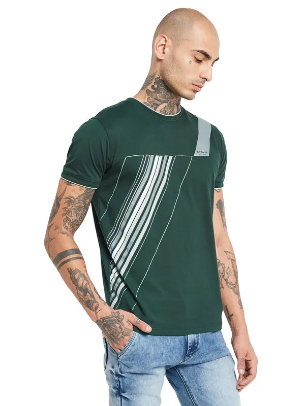 Octave Men Green Striped V-Neck Pockets T-Shirt