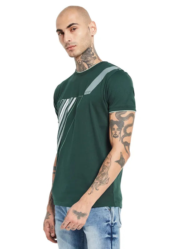 Octave Men Green Striped V-Neck Pockets T-Shirt