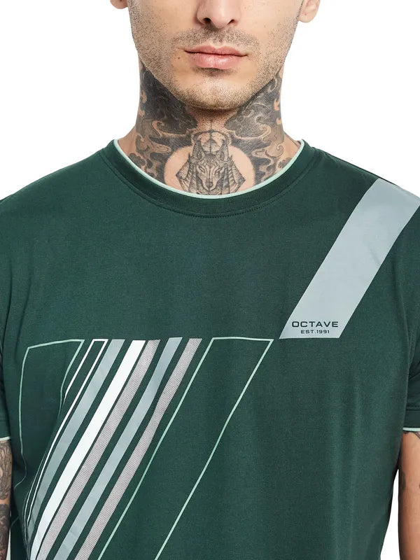 Octave Men Green Striped V-Neck Pockets T-Shirt