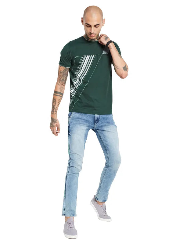 Octave Men Green Striped V-Neck Pockets T-Shirt
