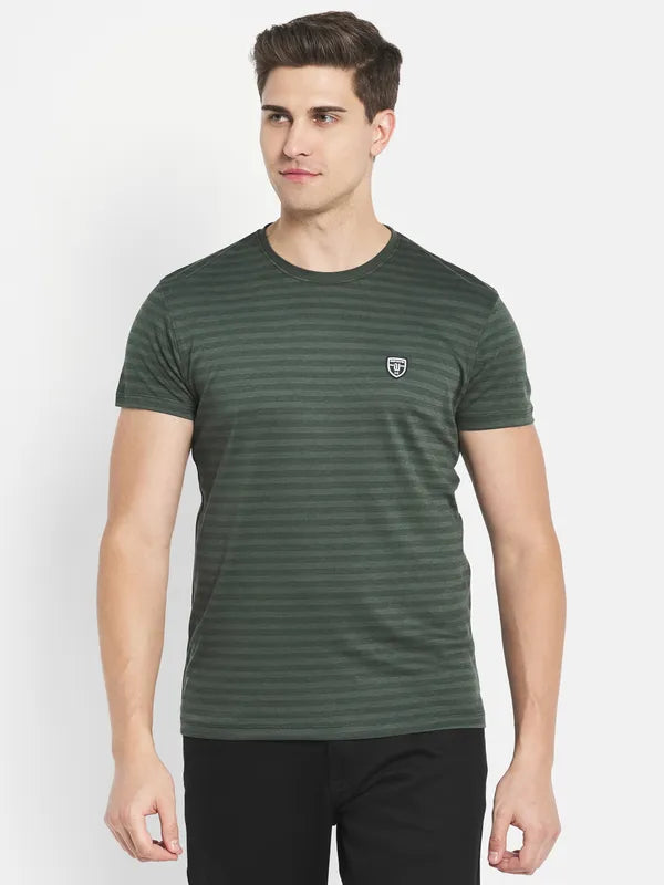 Octave Men Olive Green Striped Applique T-Shirt
