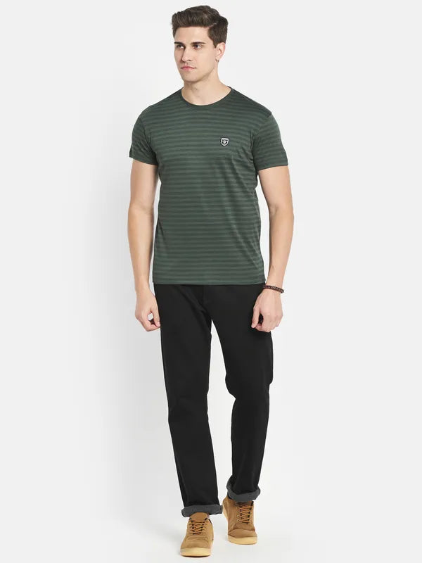 Octave Men Olive Green Striped Applique T-Shirt