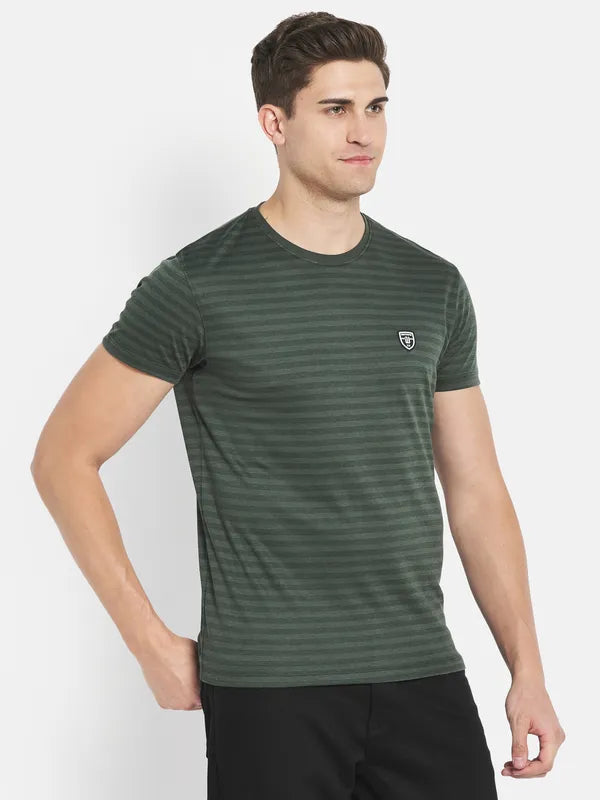 Octave Men Olive Green Striped Applique T-Shirt