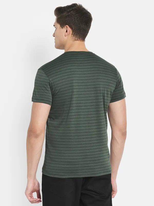 Octave Men Olive Green Striped Applique T-Shirt