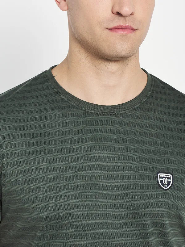 Octave Men Olive Green Striped Applique T-Shirt