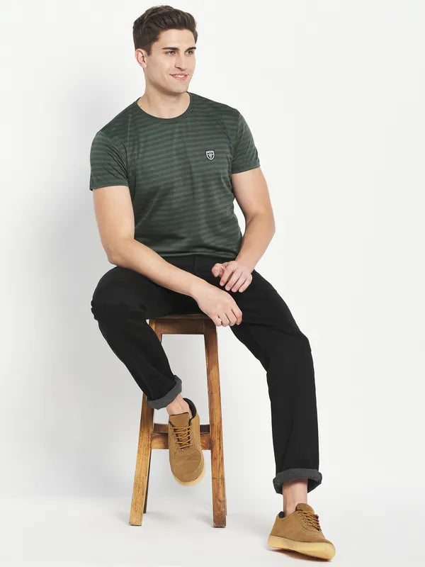 Octave Men Olive Green Striped Applique T-Shirt