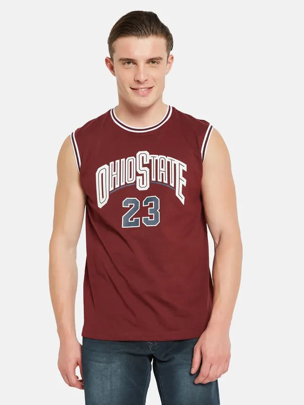 Octave Varsity Printed Round Neck Sleeveless Cotton Casual T-Shirt