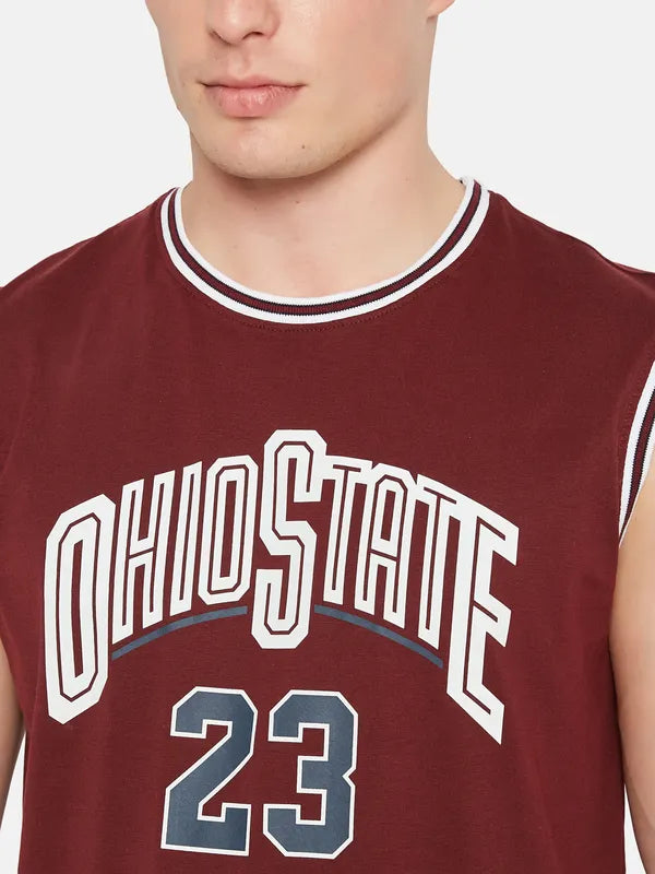 Octave Varsity Printed Round Neck Sleeveless Cotton Casual T-Shirt