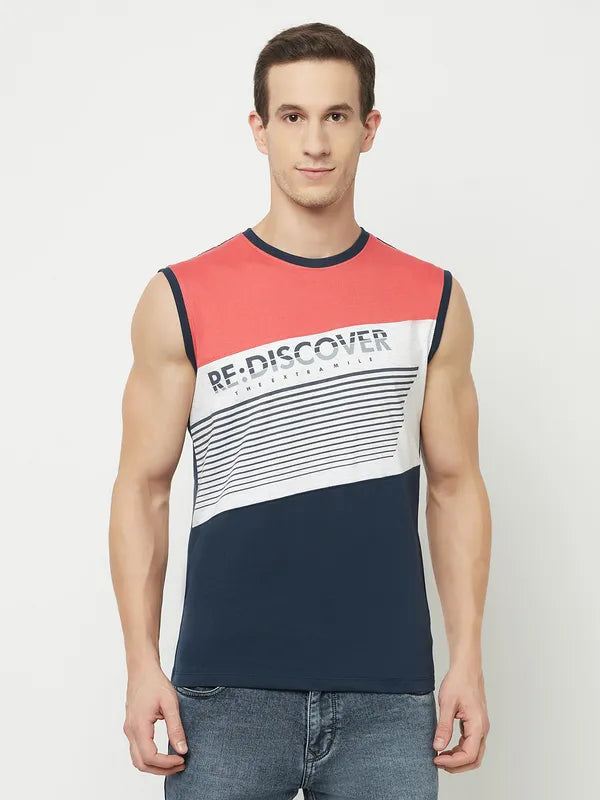 Octave Men Coral Striped Applique T-Shirt