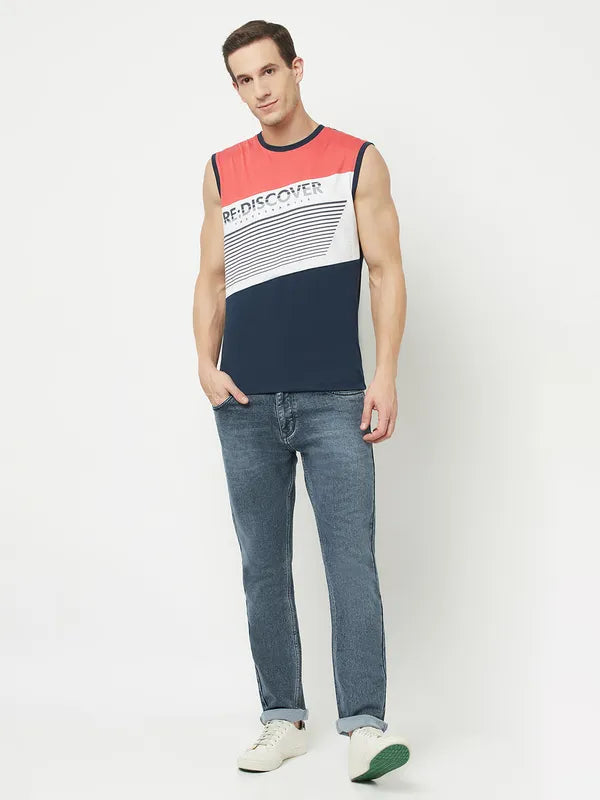 Octave Men Coral Striped Applique T-Shirt