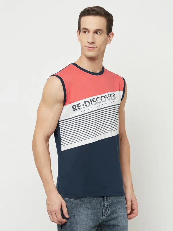 Octave Men Coral Striped Applique T-Shirt