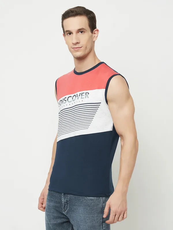 Octave Men Coral Striped Applique T-Shirt