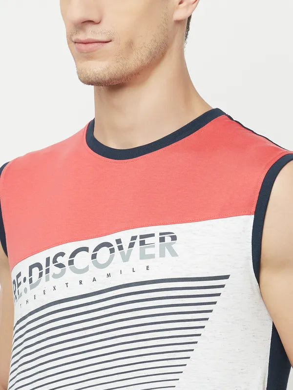 Octave Men Coral Striped Applique T-Shirt