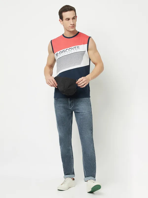 Octave Men Coral Striped Applique T-Shirt