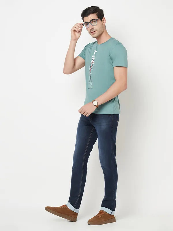 Octave Men Blue Typography Printed Raw Edge T-Shirt