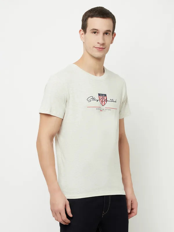 Octave Men White Whisper Green Typography Printed Applique T-Shirt