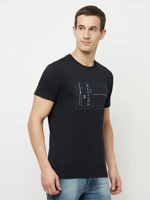 Octave Men Navy Blue Typography Printed Applique T-Shirt