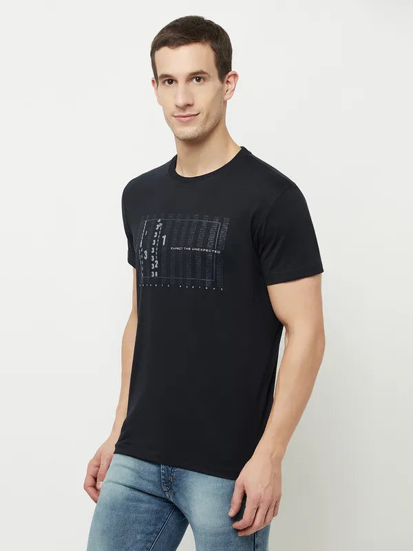 Octave Men Navy Blue Typography Printed Applique T-Shirt