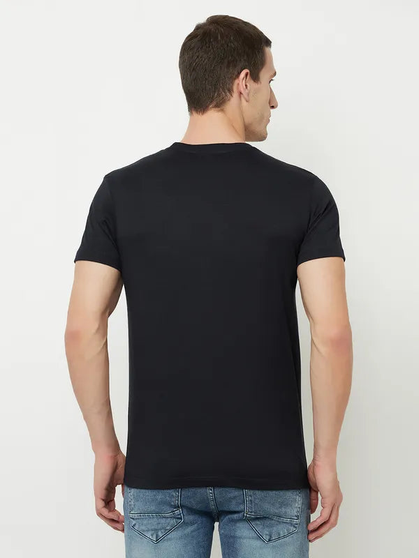 Octave Men Navy Blue Typography Printed Applique T-Shirt
