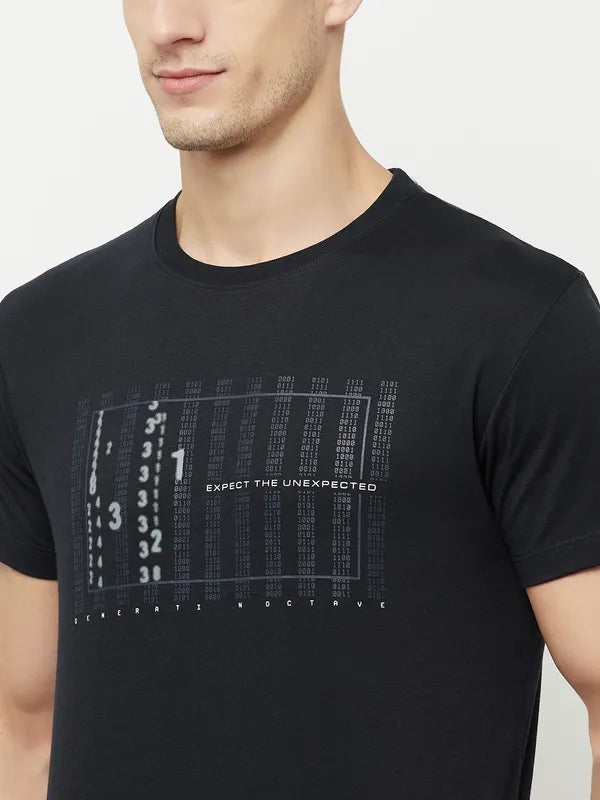 Octave Men Navy Blue Typography Printed Applique T-Shirt