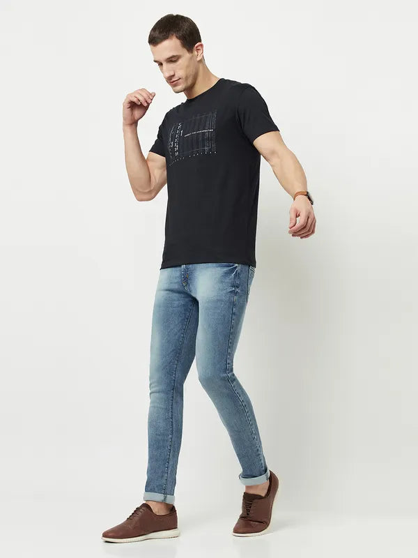Octave Men Navy Blue Typography Printed Applique T-Shirt