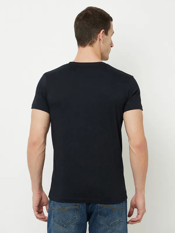 Octave Men Navy Blue Raisin Black Typography Printed Raw Edge T-Shirt
