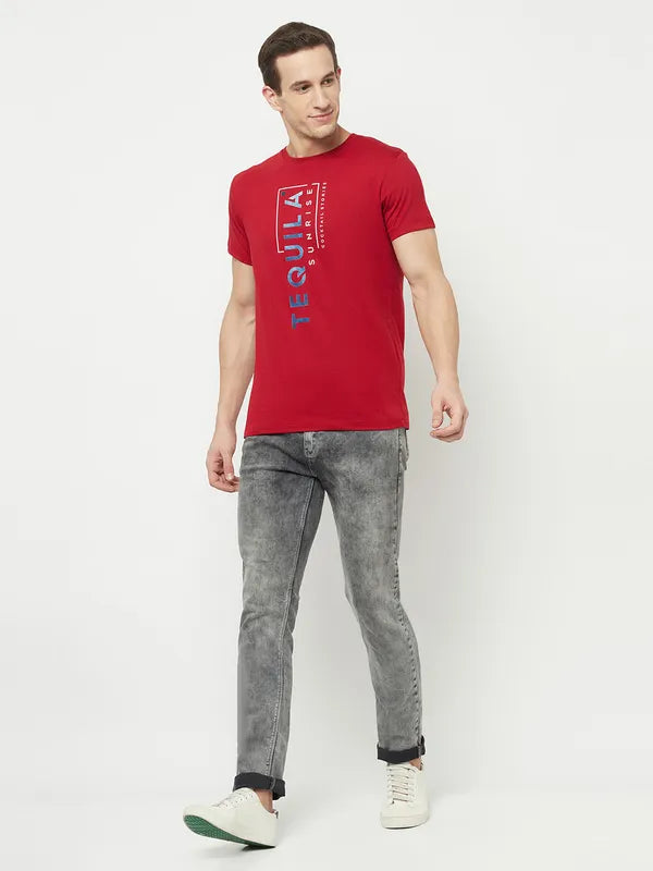Octave Men Maroon Typography Printed Applique T-Shirt